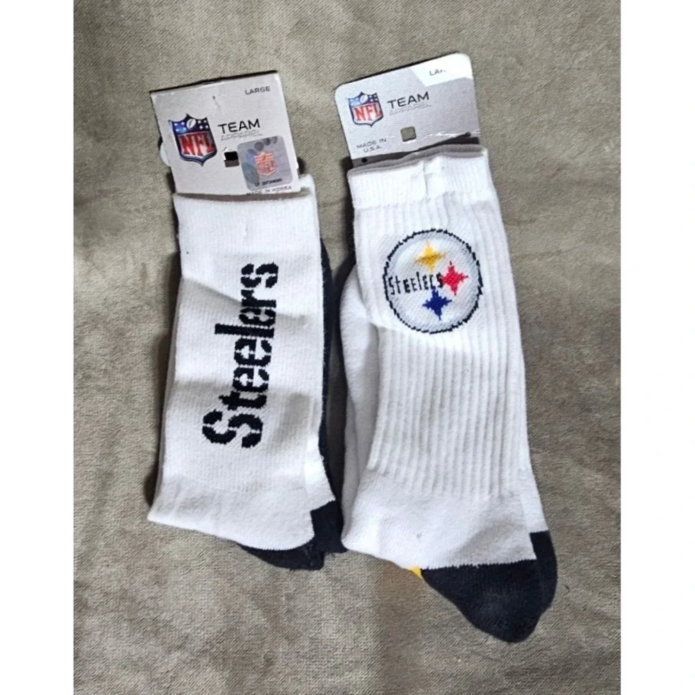 NFL Pittsburgh Steelers Crew Socks 2 Pair Bundle White Black Yellow Large New